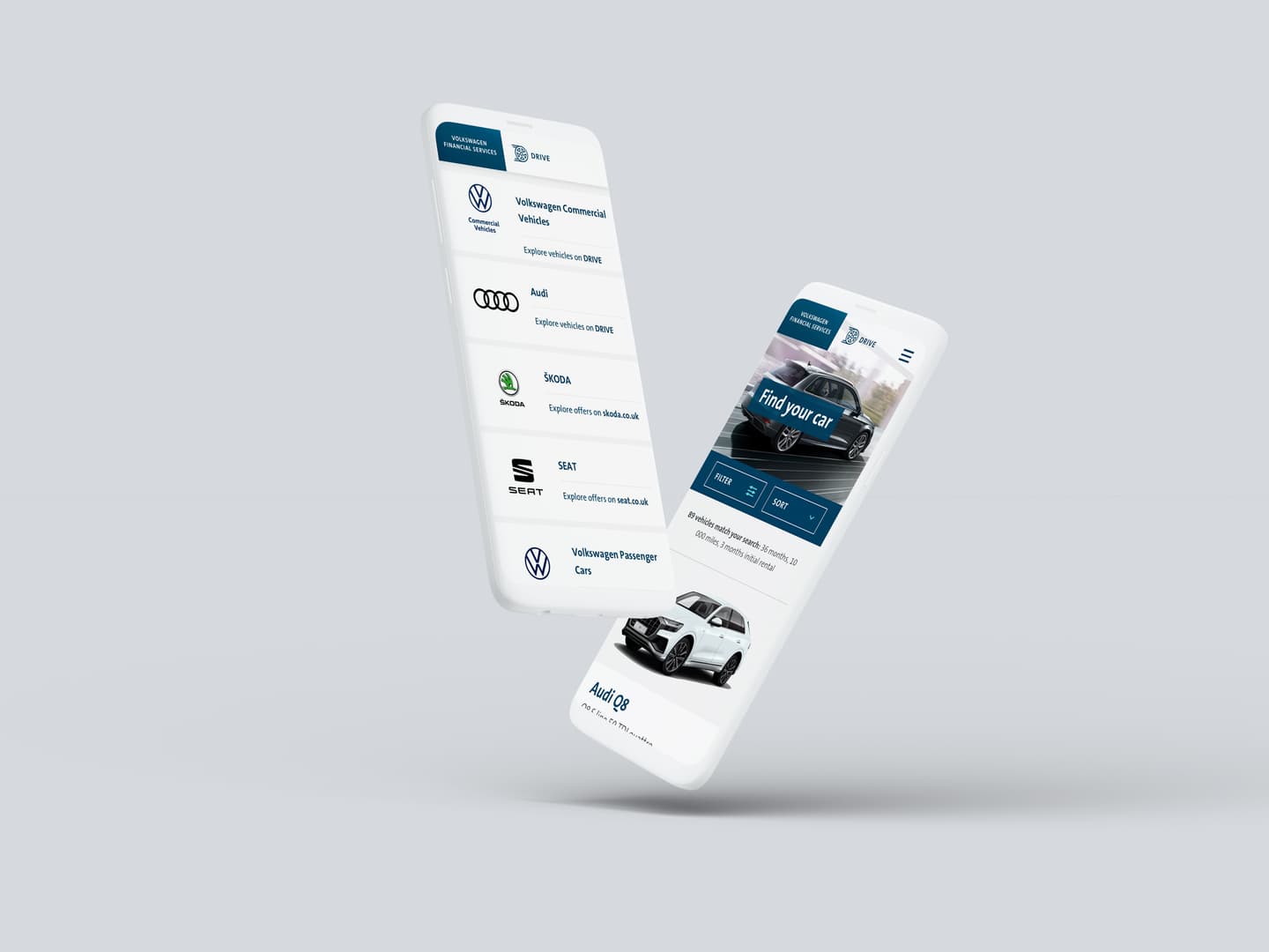 Two mobile phones displaying a vehicle browsing app with Volkswagen, Audi, Skoda and SEAT brand options and car search features.