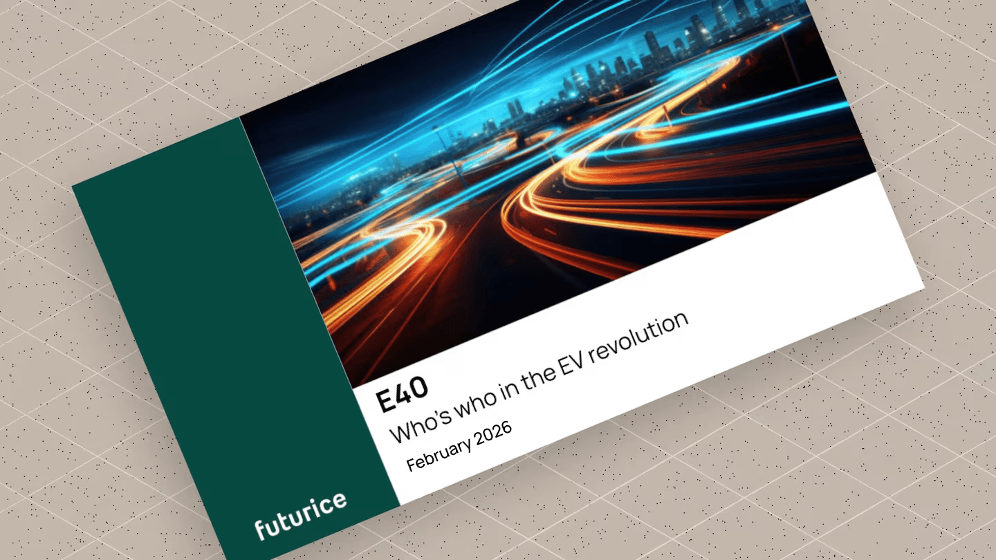 Futurice E40 report cover showing light trails on a highway with city skyline, titled "Who's who in the EV revolution"