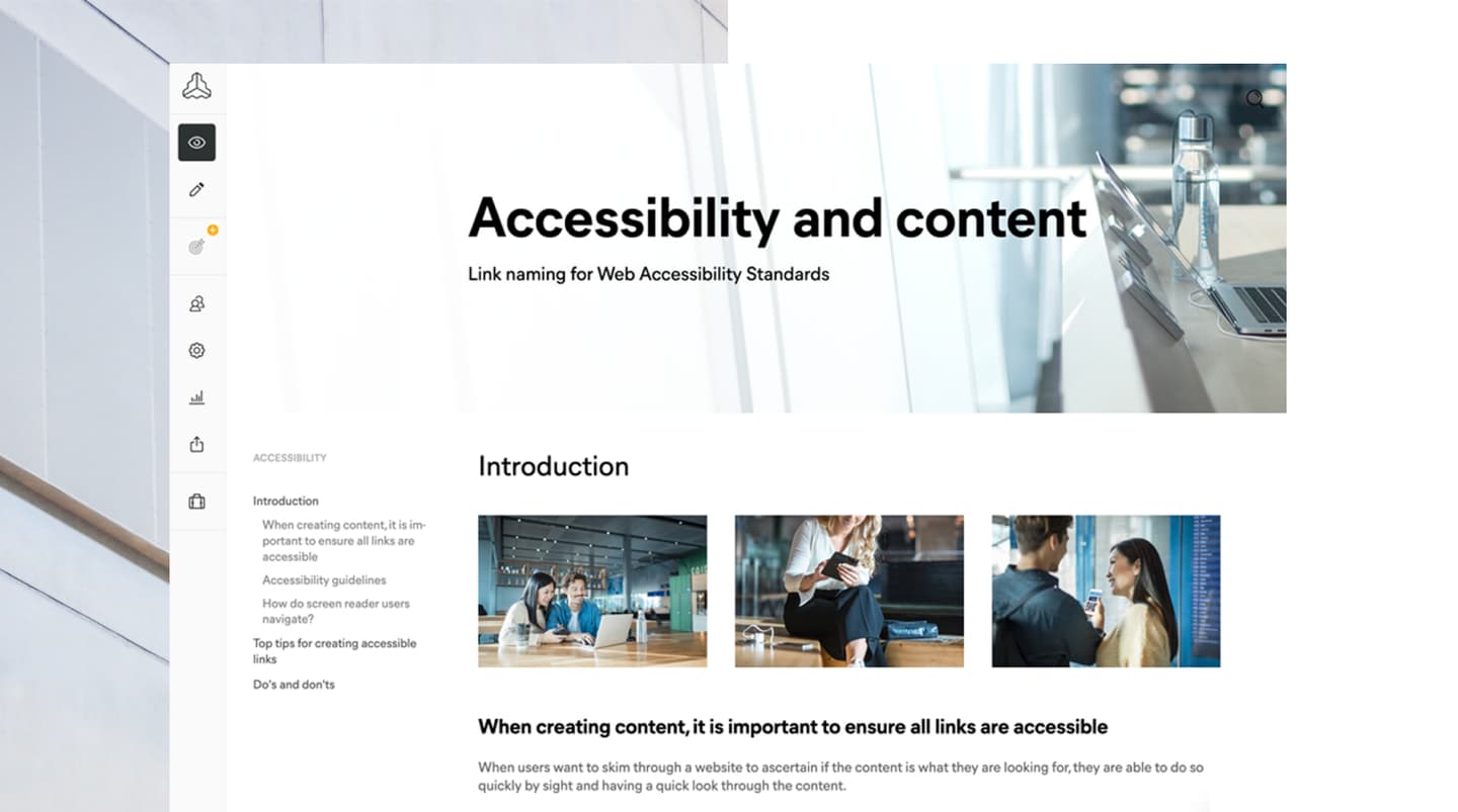 Web accessibility guide showing interface with navigation menu, header, and images demonstrating link naming standards.