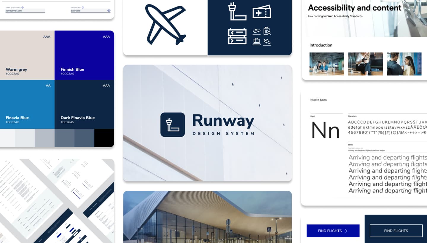 Design system mockup showing airline branding elements including colour palette, typography, icons and interface components.