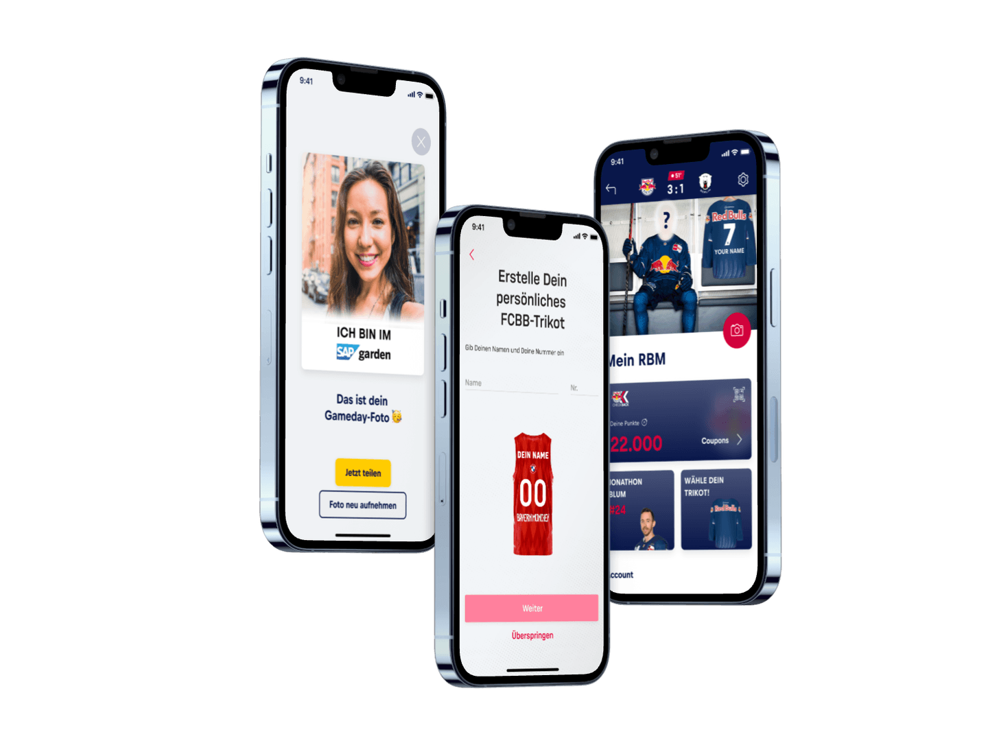 Three smartphones displaying sports app interfaces with personalisation features, including jersey customisation and fan profiles.