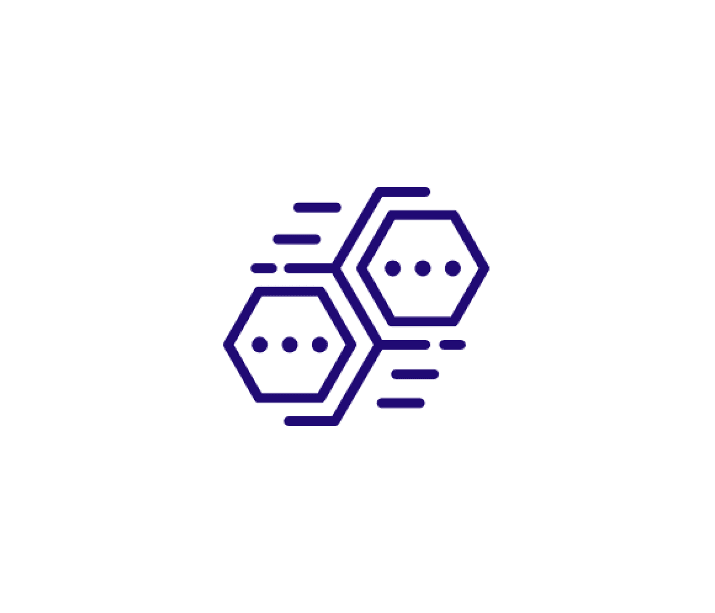 Purple line icon showing two connected hexagons with dots inside, representing data or technology network connections.