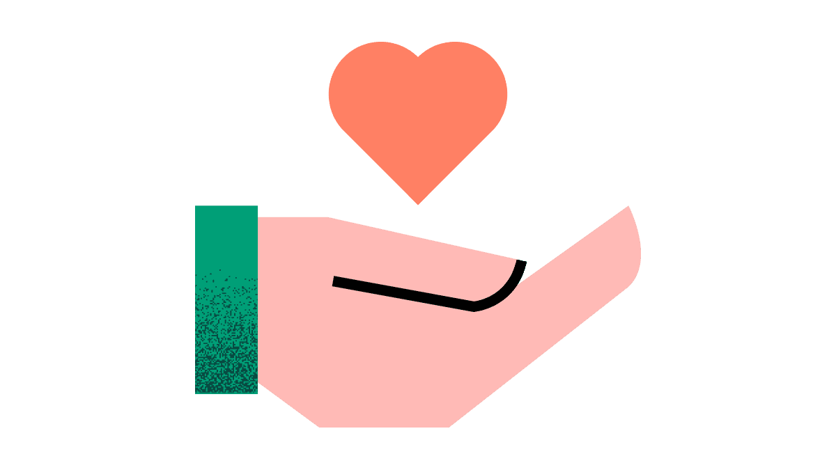 A stylised pink hand with green sleeve holding or supporting a coral-coloured heart symbol above it.